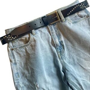 Black Studded Leather Belt Square Buckle Skinny Unisex Size L